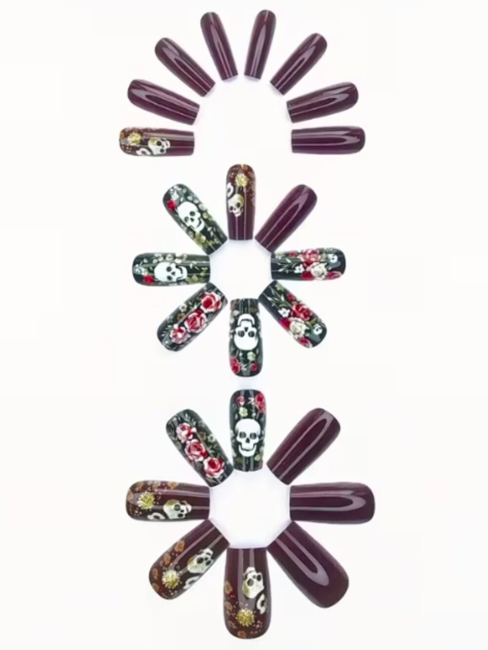 Press-on Nails Burgundy Ballet-Style Rose Sugar Skull Pattern Nail Tips 24pcs - Picture 3 of 6